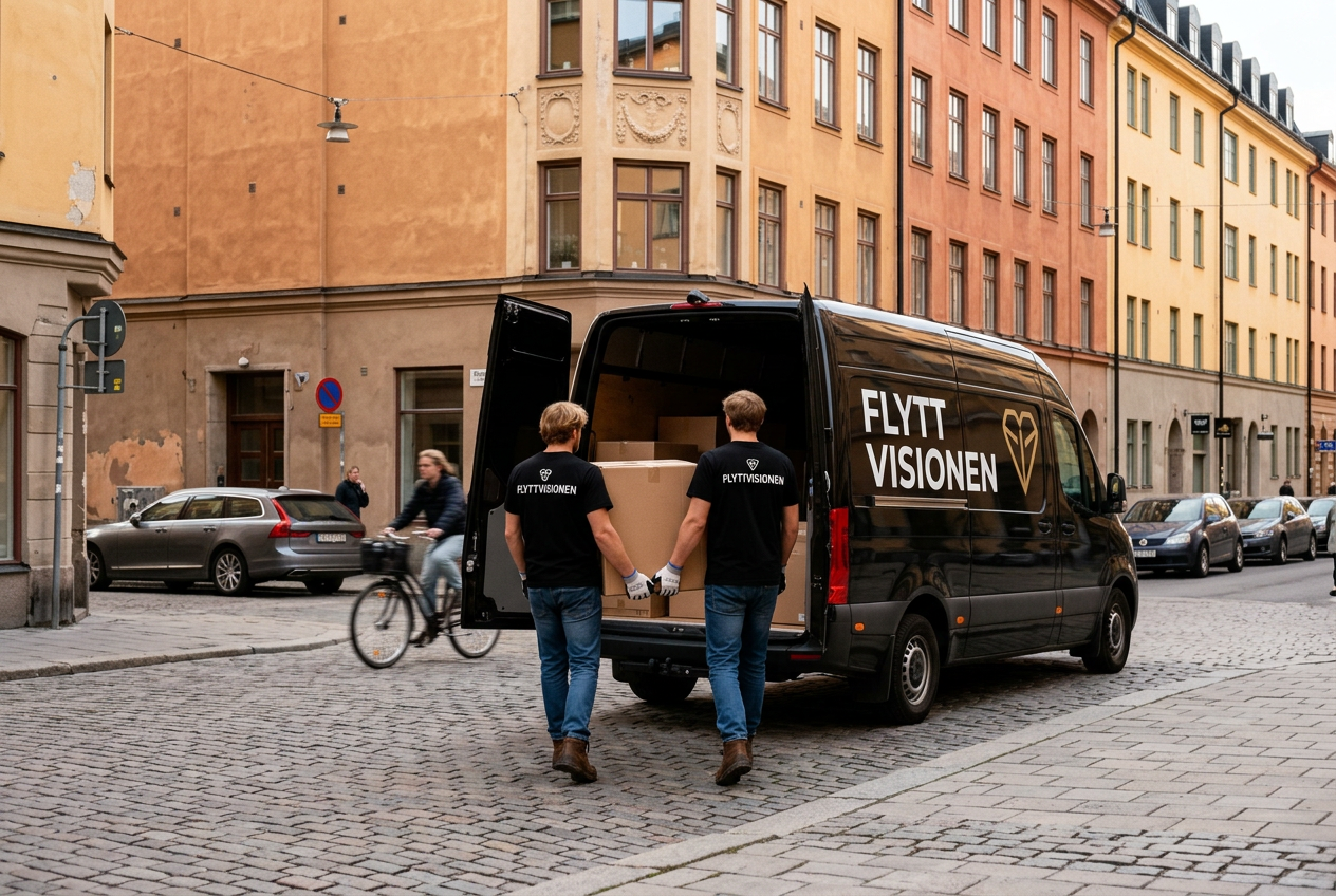 Flyttvisionens personal lastar flyttbil utanför lägenhet i Stockholm