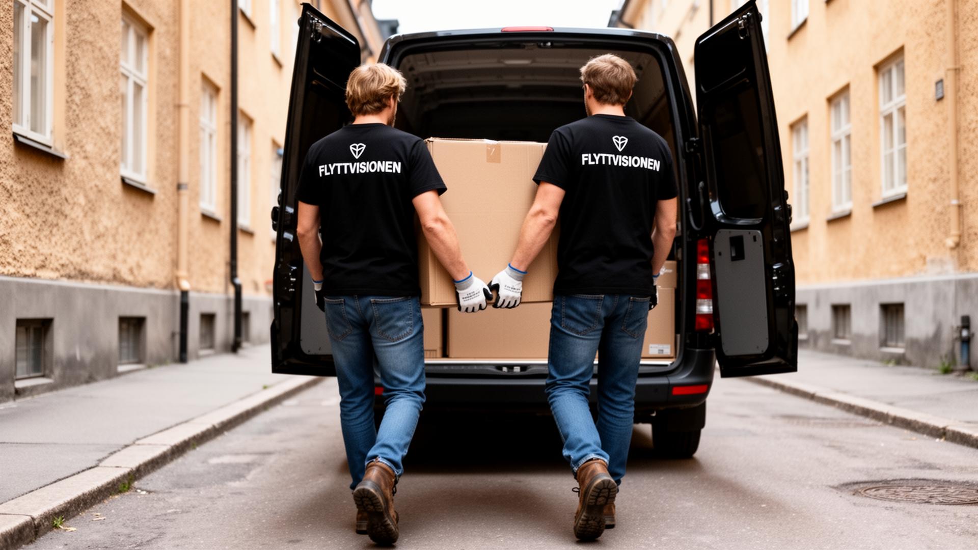 Flyttvisionens personal lastar flyttbil utanför lägenhet i Stockholm
